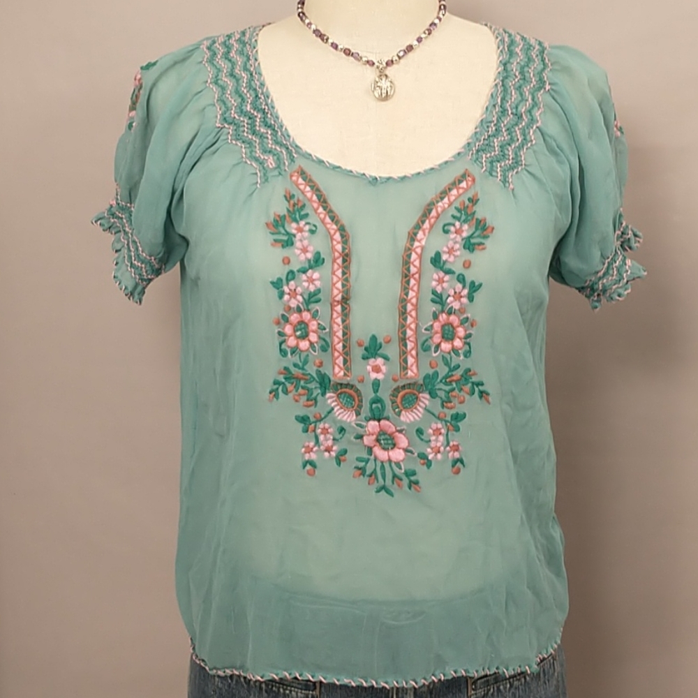 2 Silk Tops Aqua SS Peasant & Button Front Lon Slv - Picture 3 of 14